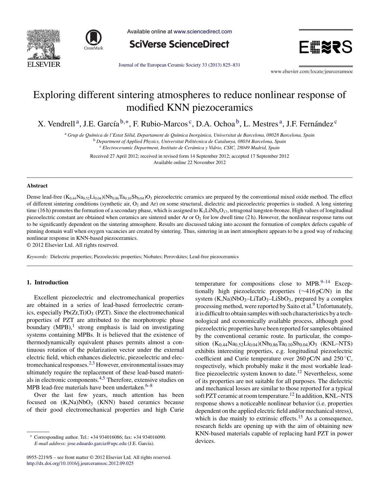 Exploring different sintering atmospheres to reduce nonlinear response of modified KNN piezoceramics by X. Vendrell