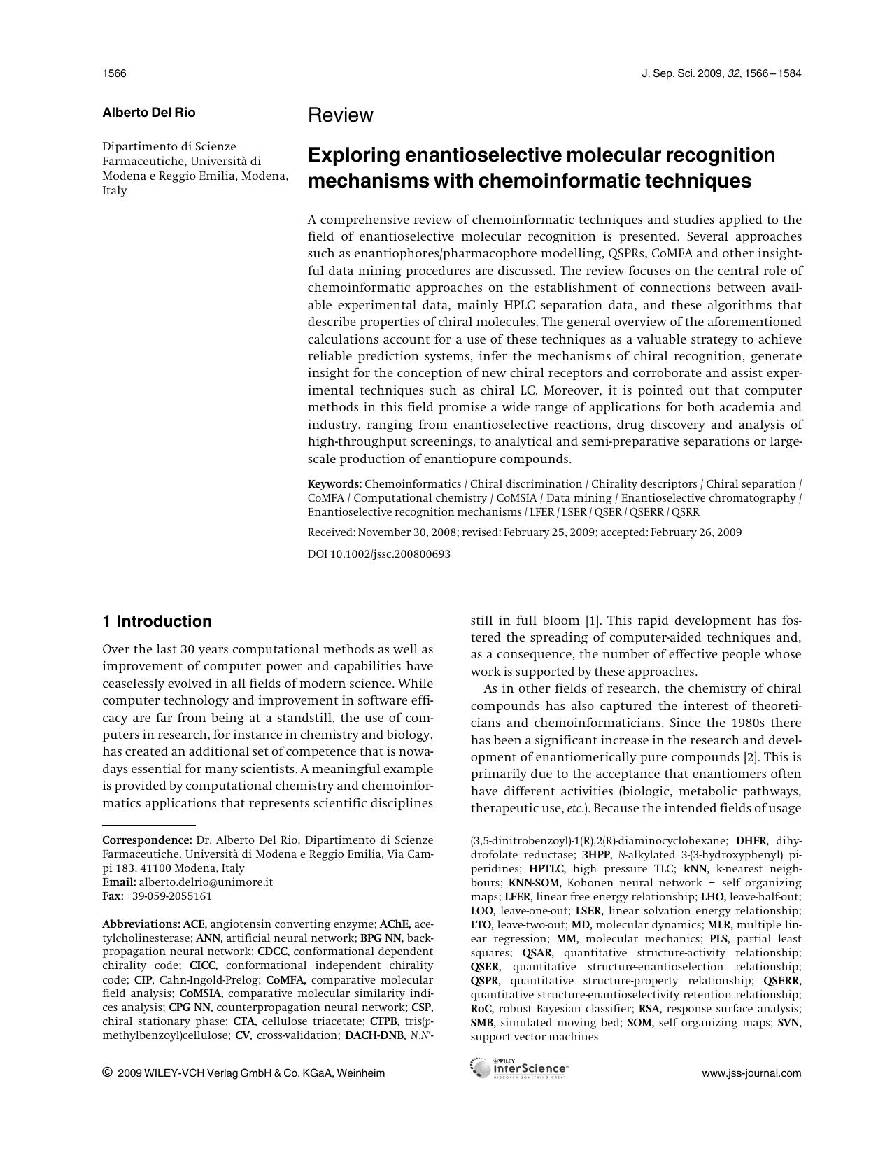 Exploring enantioselective molecular recognition mechanisms with chemoinformatic techniques by Unknown