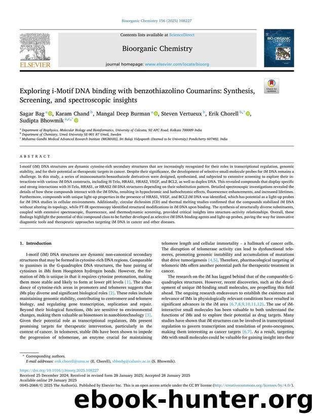 Exploring i-Motif DNA binding with benzothiazolino Coumarins: Synthesis, Screening, and spectroscopic insights by Sagar Bag & Karam Chand & Mangal Deep Burman & Steven Vertueux & Erik Chorell & Sudipta Bhowmik