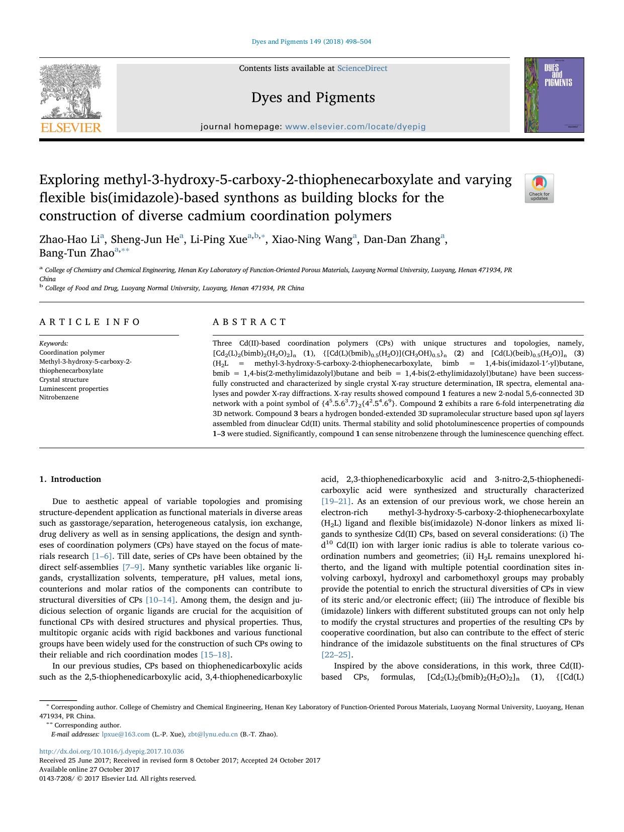 Exploring methyl-3-hydroxy-5-carboxy-2-thiophenecarboxylate and varying flexible bis(imidazole)-based synthons as building blocks for the construction of diverse cadmium coordination polymers by Zhao-Hao Li & Sheng-Jun He & Li-Ping Xue & Xiao-Ning Wang & Dan-Dan Zhang & Bang-Tun Zhao