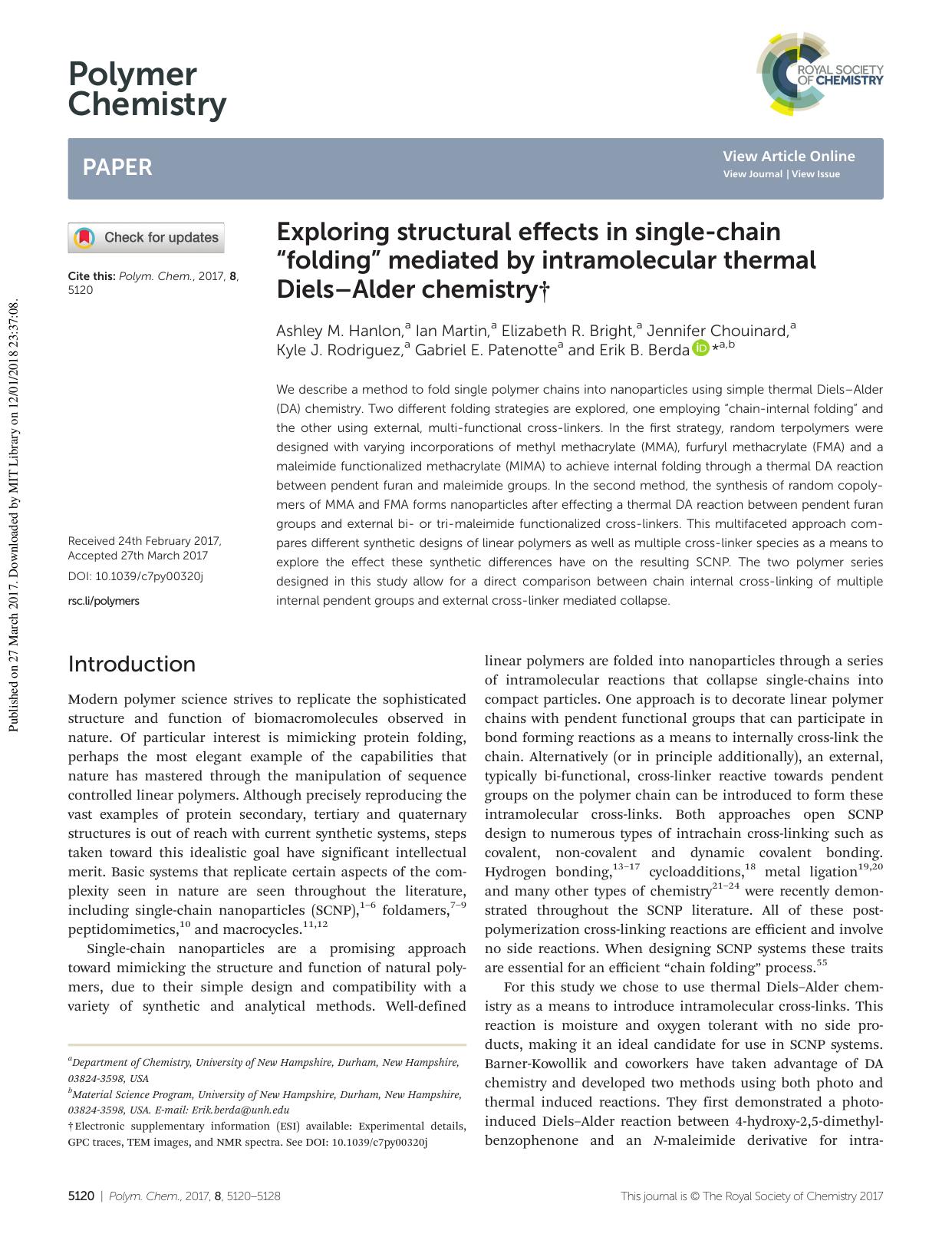 Exploring structural effects in single-chain âfoldingâ mediated by intramolecular thermal DielsâAlder chemistry by unknow
