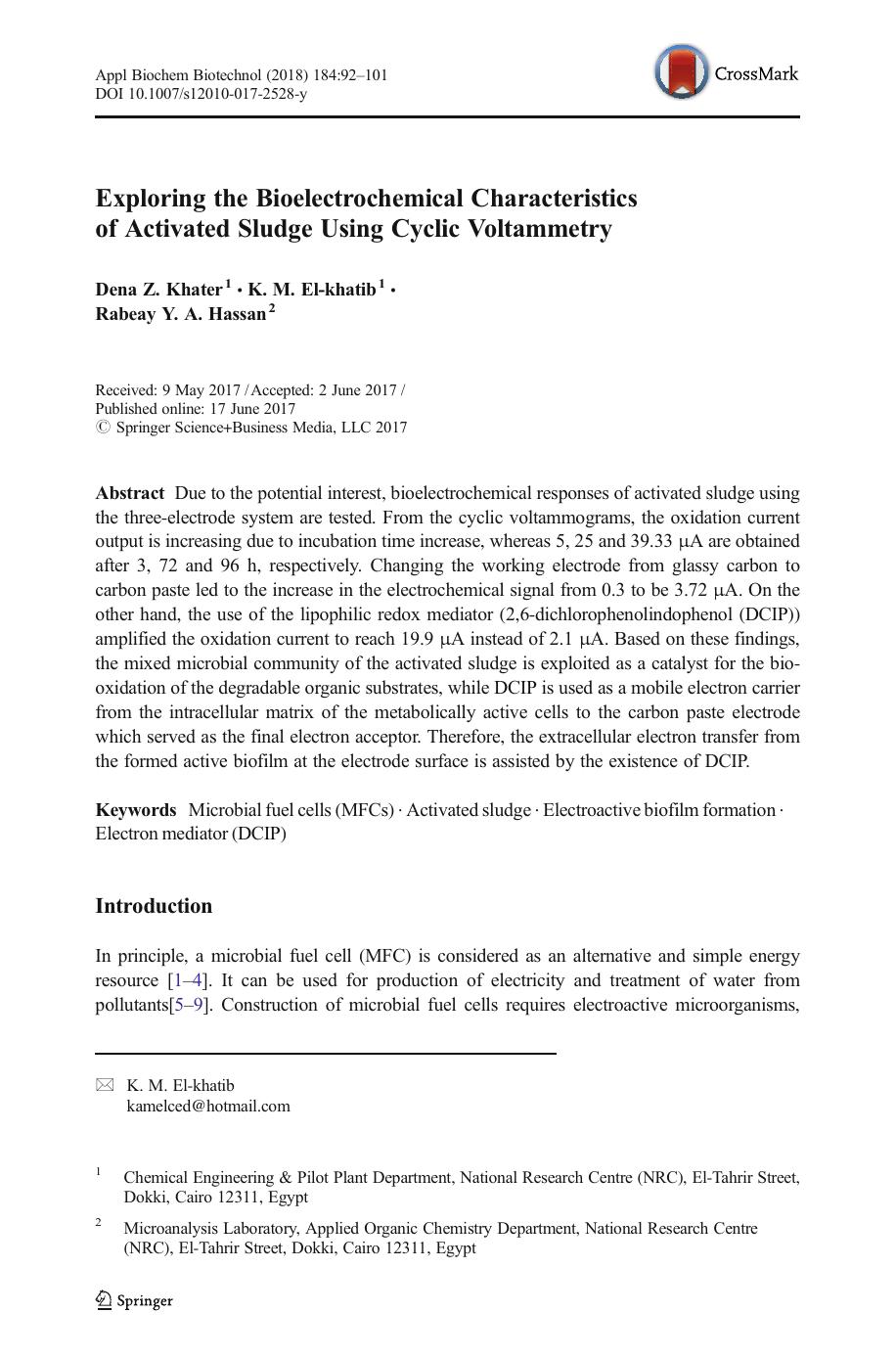 Exploring the Bioelectrochemical Characteristics of Activated Sludge Using Cyclic Voltammetry by Dena Z. Khater & K. M. El-khatib & Rabeay Y. A. Hassan