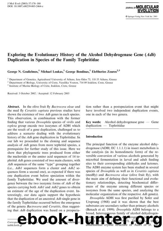 Exploring the Evolutionary History of the Alcohol Dehydrogenase Gene (Adh) Duplication in Species of the Family Tephritidae by Goulielmos G.N. et al