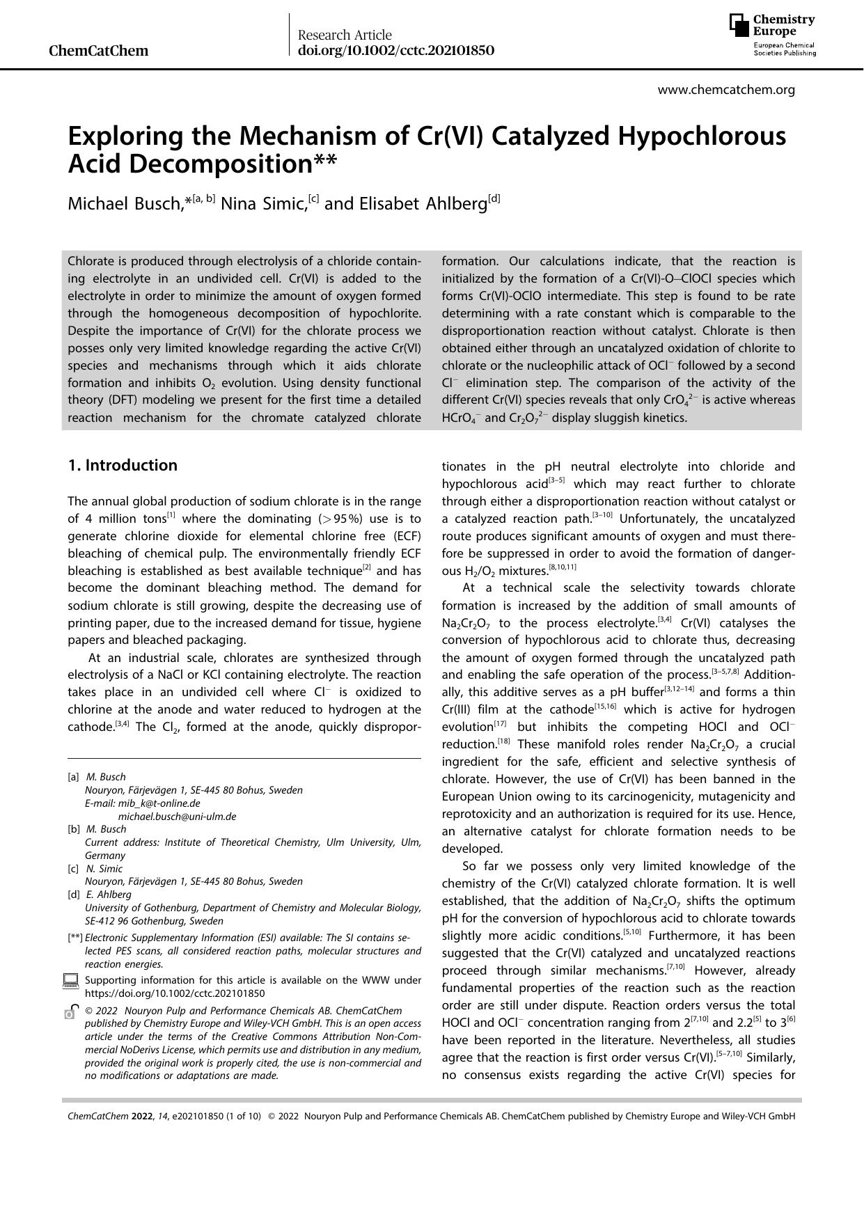 Exploring the Mechanism of Cr(VI) Catalyzed Hypochlorous Acid Decomposition by Unknown