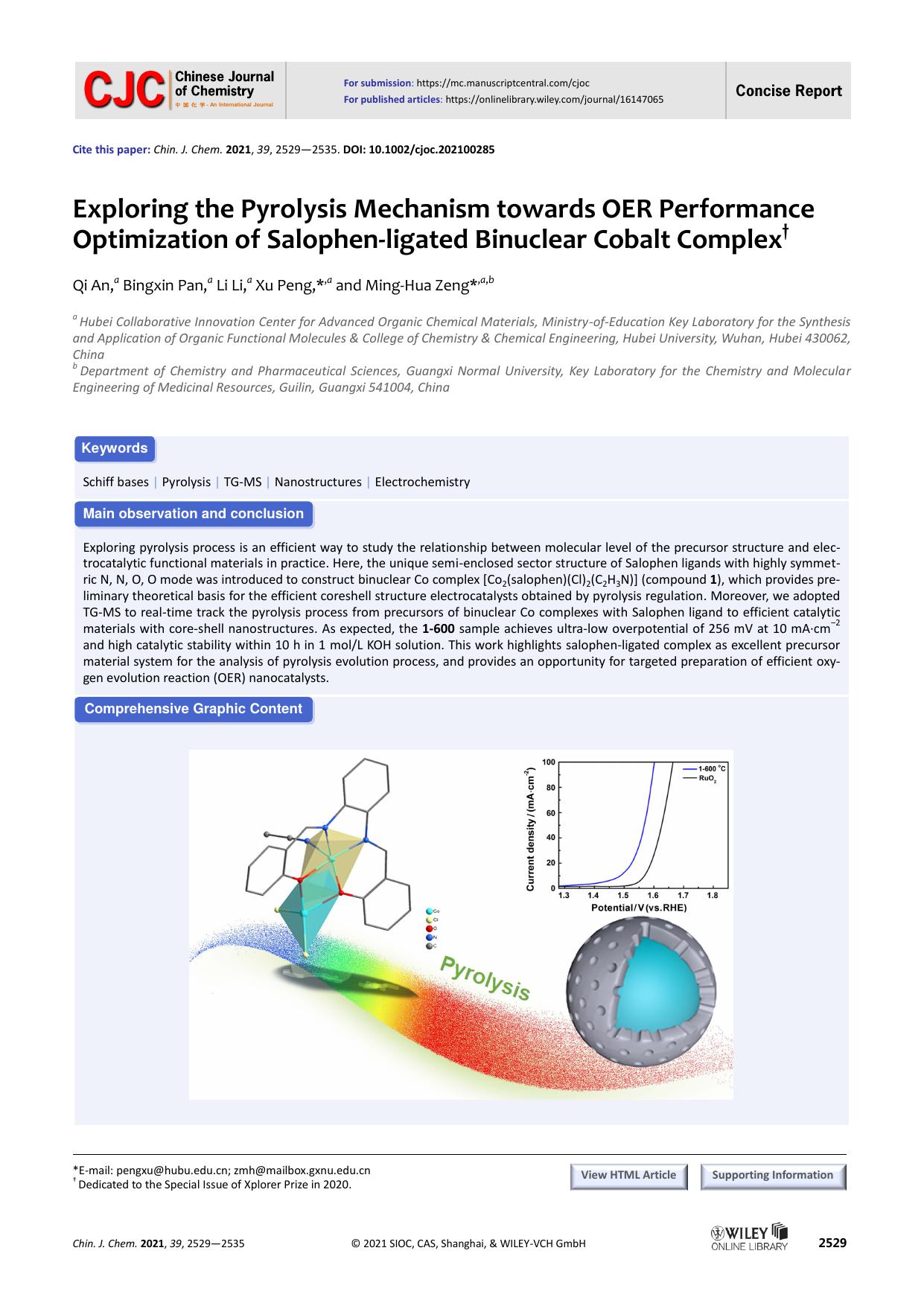 Exploring the Pyrolysis Mechanism towards OER Performance Optimization of Salophen-ligated Binuclear Cobalt Complex by dd