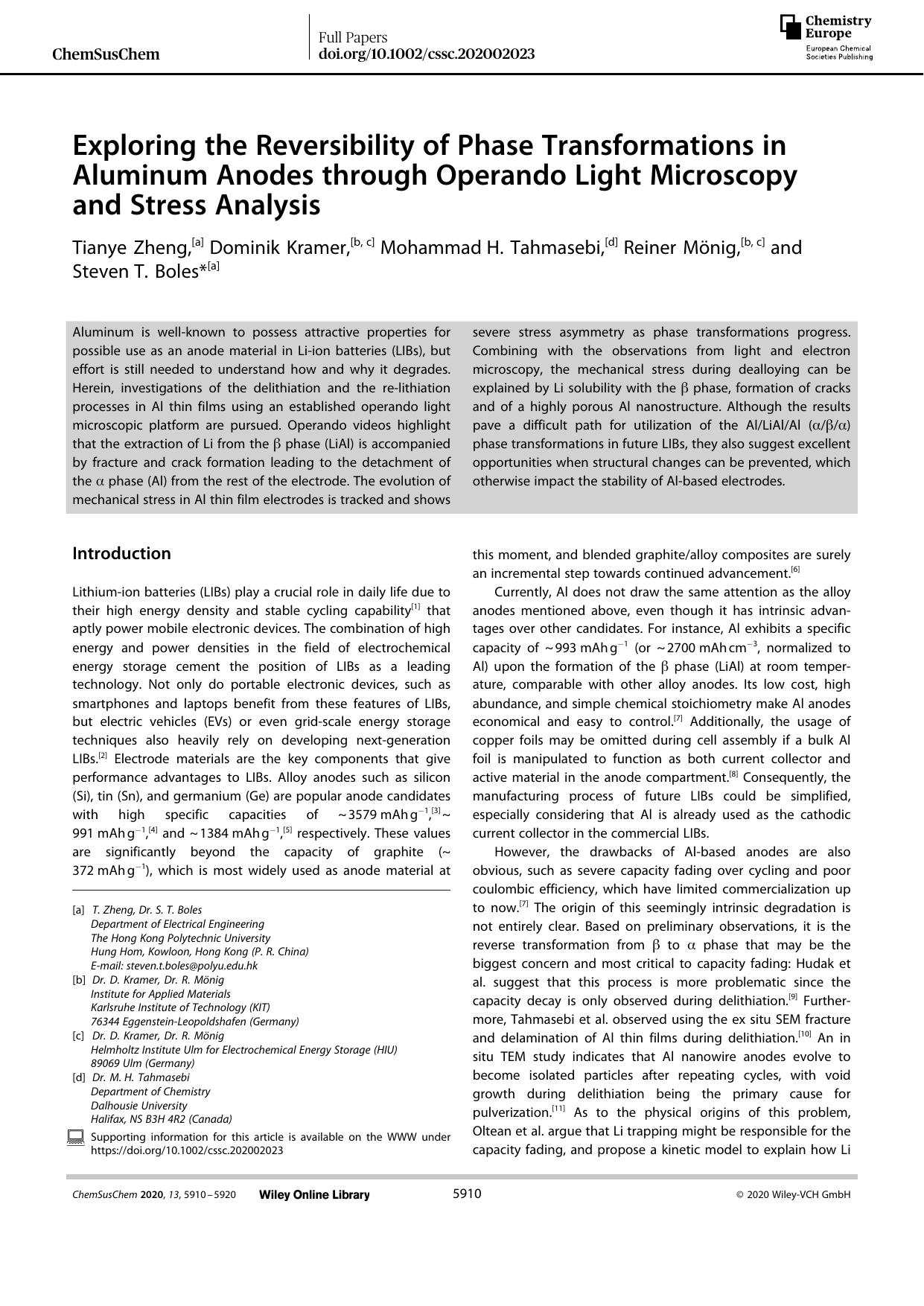 Exploring the Reversibility of Phase Transformations in Aluminum Anodes through Operando Light Microscopy and Stress Analysis by Unknown