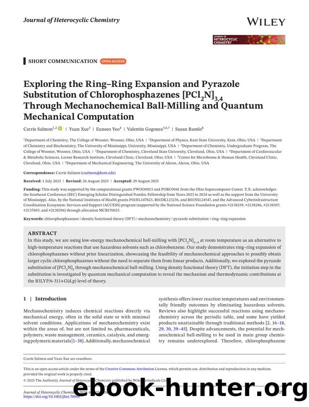 Exploring the RingâRing Expansion and Pyrazole Substitution of Chlorophosphazenes [PCl2N]3,4 Through Mechanochemical BallâMilling and Quantum Mechanical Computation by Unknown