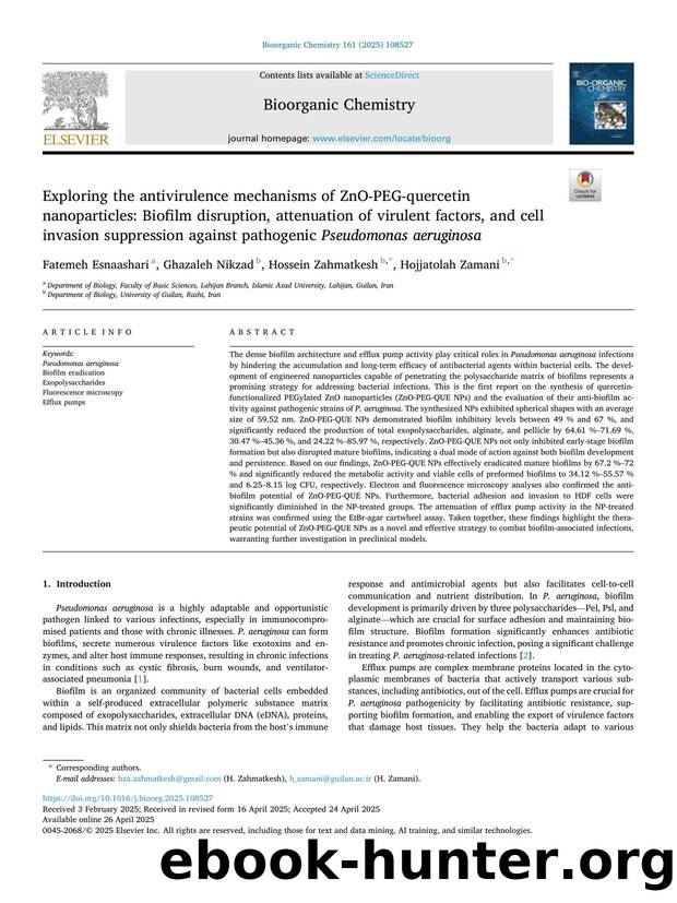 Exploring the antivirulence mechanisms of ZnO-PEG-quercetin nanoparticles: Biofilm disruption, attenuation of virulent factors, and cell invasion suppression against pathogenic Pseudomonas aeruginosa by Fatemeh Esnaashari