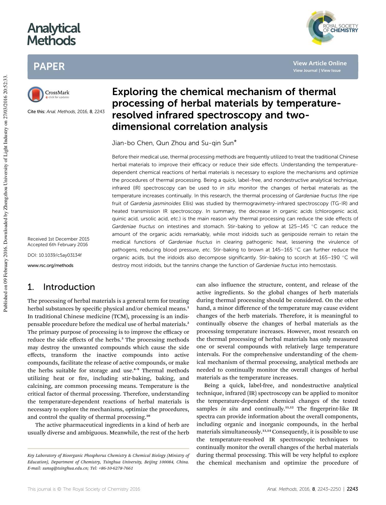 Exploring the chemical mechanism of thermal processing of herbal materials by temperature-resolved infrared spectroscopy and two-dimensional correlation analysis by Jian-bo Chen & Qun Zhou & Su-qin Sun