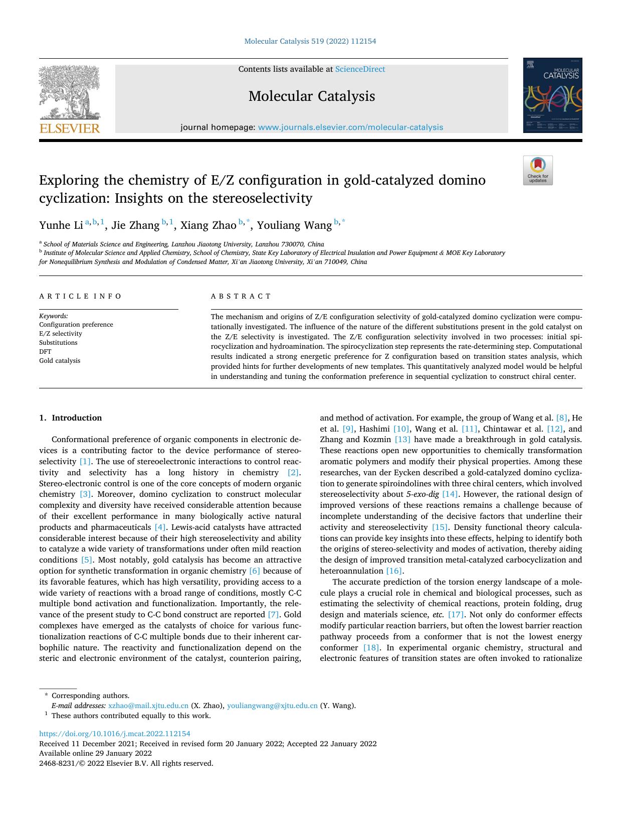 Exploring the chemistry of EZ configuration in gold-catalyzed domino cyclization: Insights on the stereoselectivity by Yunhe Li & Jie Zhang & Xiang Zhao & Youliang Wang
