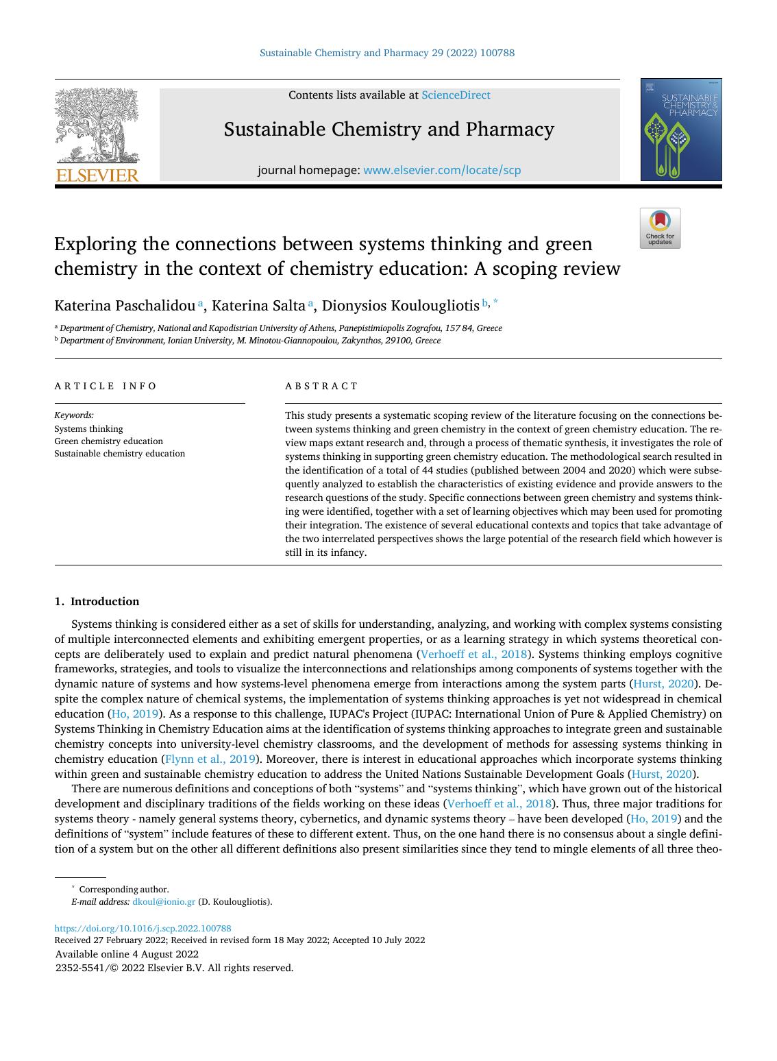 Exploring the connections between systems thinking and green chemistry in the context of chemistry education: A scoping review by Katerina Paschalidou & Katerina Salta & Dionysios Koulougliotis