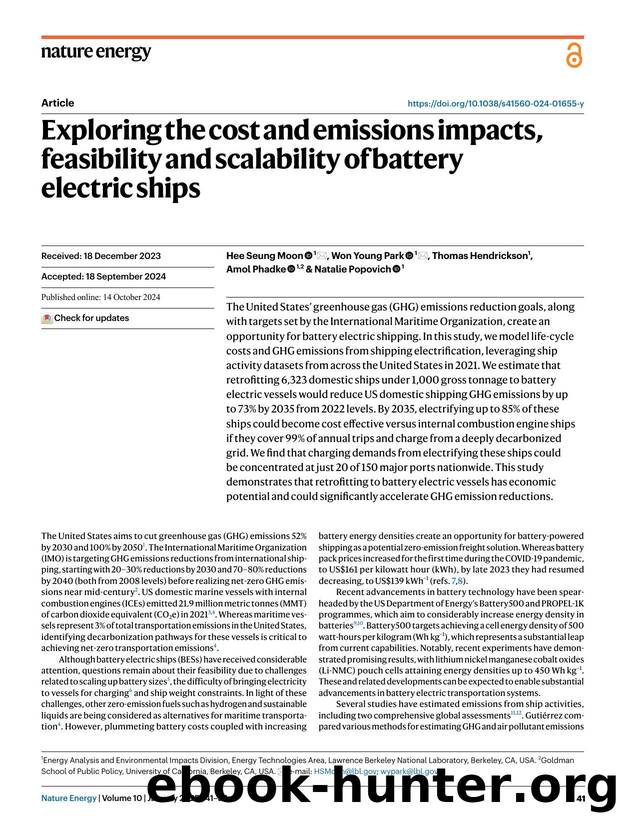 Exploring the cost and emissions impacts, feasibility and scalability of battery electric ships by Hee Seung Moon & Won Young Park & Thomas Hendrickson & Amol Phadke & Natalie Popovich