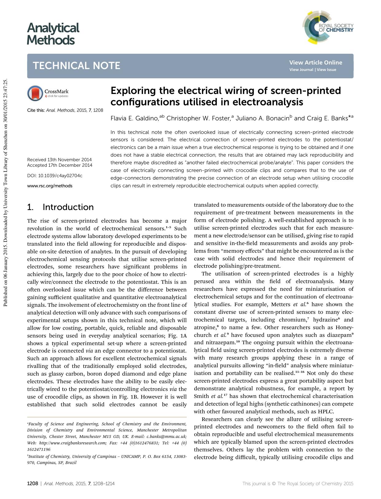 Exploring the electrical wiring of screen-printed configurations utilised in electroanalysis by Flavia E. Galdino & Christopher W. Foster & Juliano A. Bonacin & Craig E. Banks