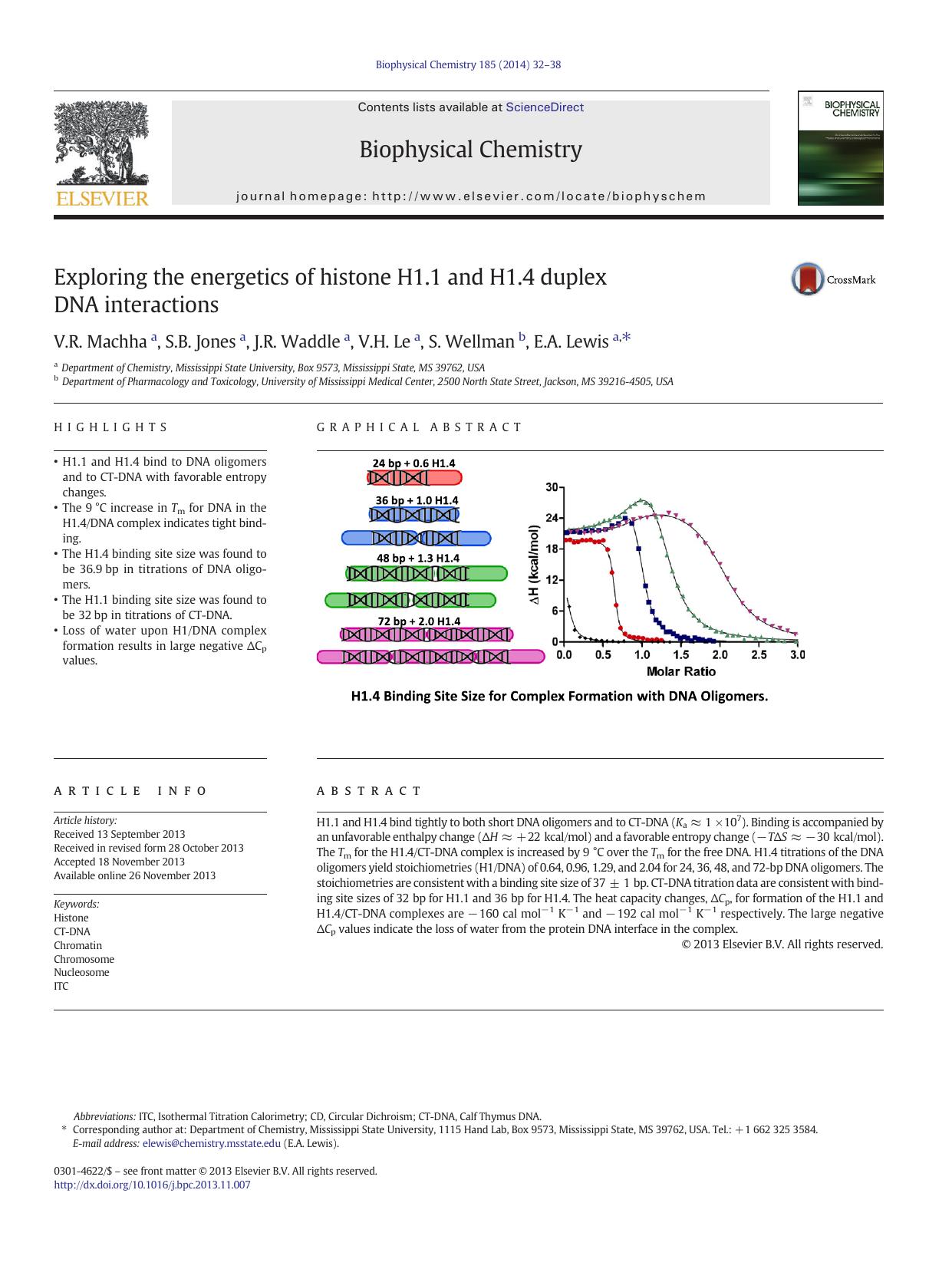 Exploring the energetics of histone H1.1 and H1.4 duplex DNA interactions by V.R. Machha & S.B. Jones & J.R. Waddle & V.H. Le & S. Wellman & E.A. Lewis