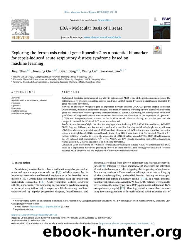 Exploring the ferroptosis-related gene lipocalin 2 as a potential biomarker for sepsis-induced acute respiratory distress syndrome based on machine learning by Jiayi Zhan & Junming Chen & Liyan Deng & Yining Lu & Lianxiang Luo