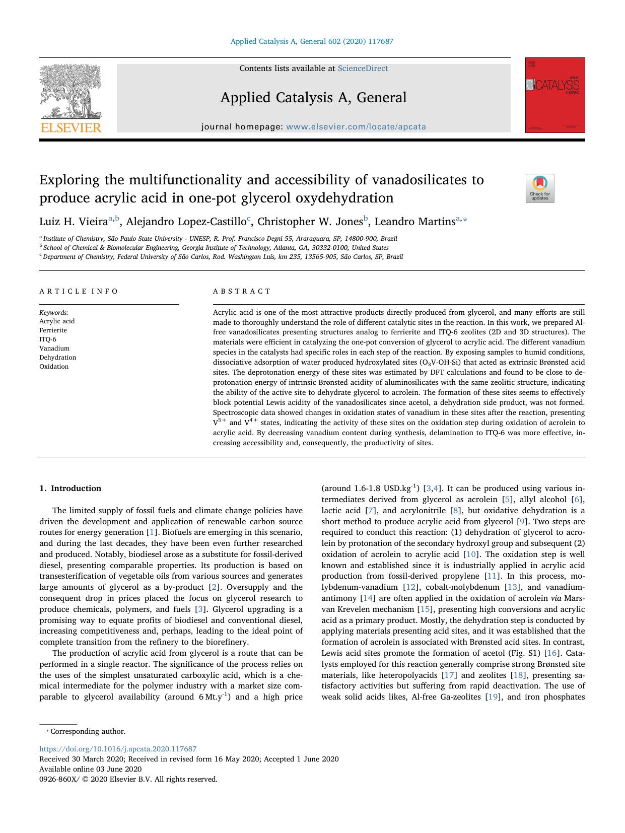 Exploring the multifunctionality and accessibility of vanadosilicates to produce acrylic acid in one-pot glycerol oxydehydration by Luiz H. Vieira & Alejandro Lopez-Castillo & Christopher W. Jones & Leandro Martins