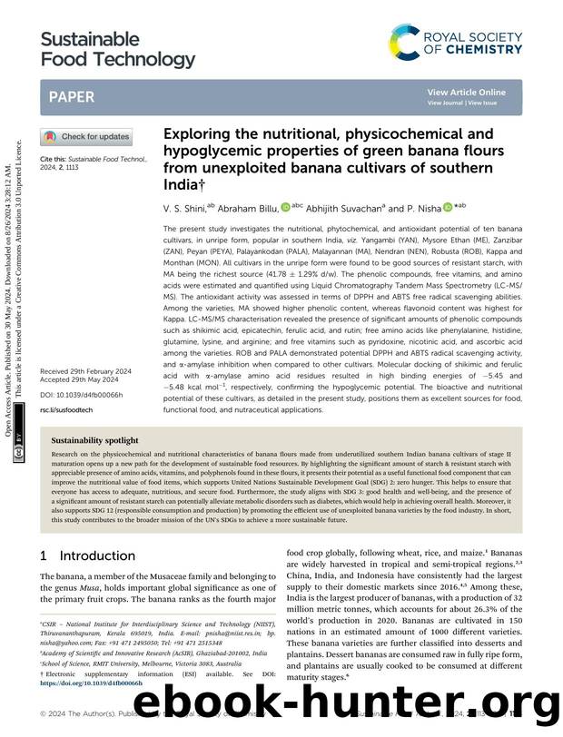 Exploring the nutritional, physicochemical and hypoglycemic properties of green banana flours from unexploited banana cultivars of southern India by V. S. Shini & Abraham Billu & Abhijith Suvachan & P. Nisha