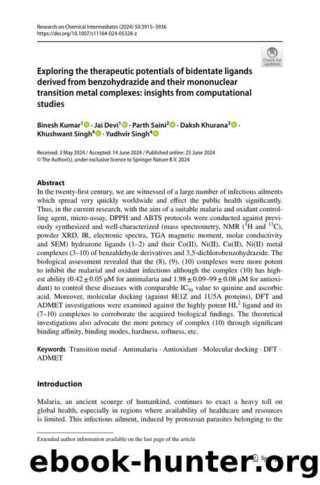Exploring the therapeutic potentials of bidentate ligands derived from benzohydrazide and their mononuclear transition metal complexes: insights from computational studies by Binesh Kumar & Jai Devi & Parth Saini & Daksh Khurana & Khushwant Singh & Yudhvir Singh