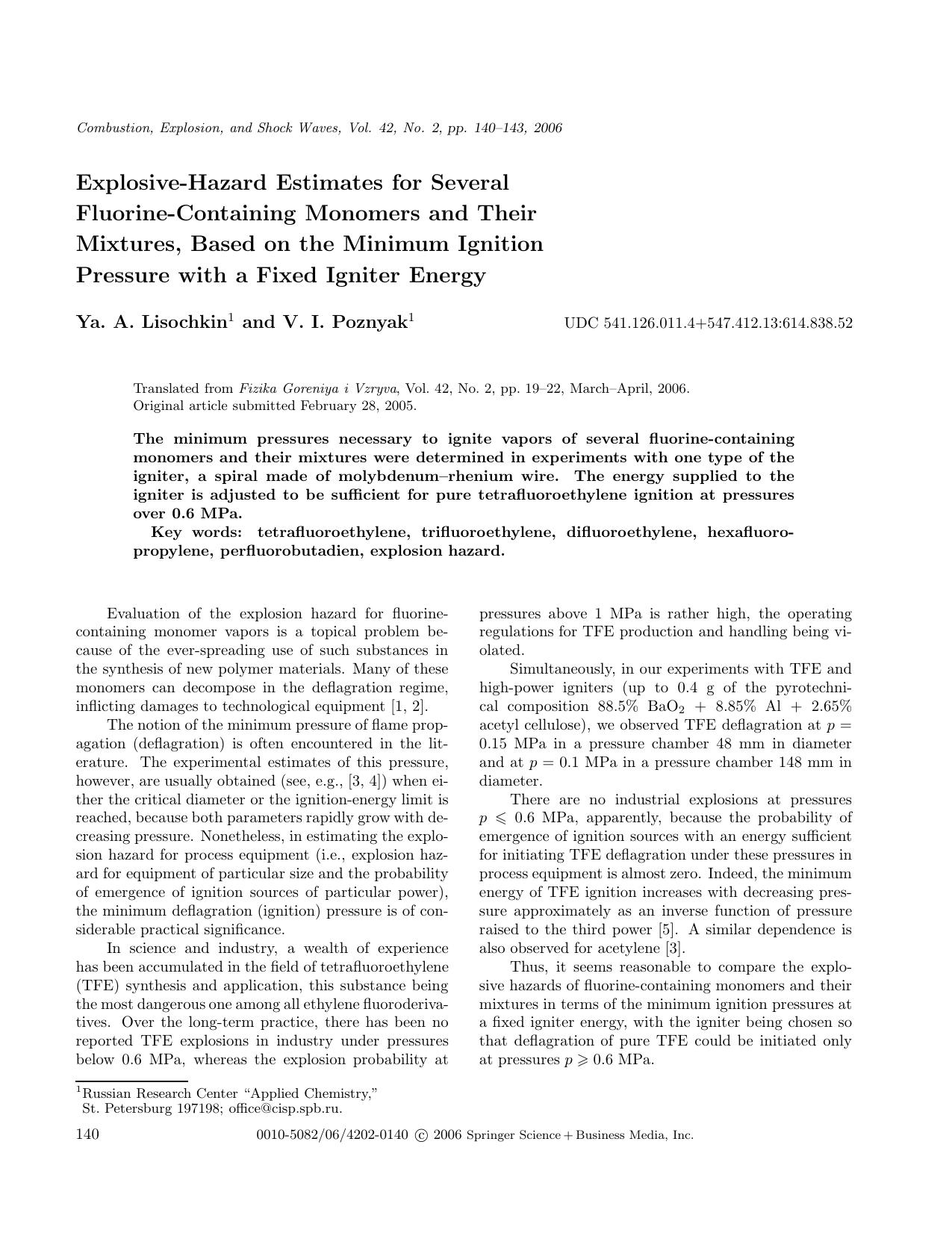 Explosive-hazard estimates for several fluorine-containing monomers and their mixtures, based on the minimum ignition pressure with a fixed igniter energy by Unknown
