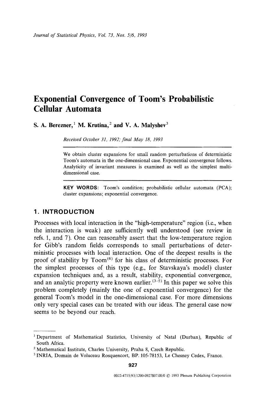 Exponential convergence of Toom's probabilistic cellular automata by Unknown