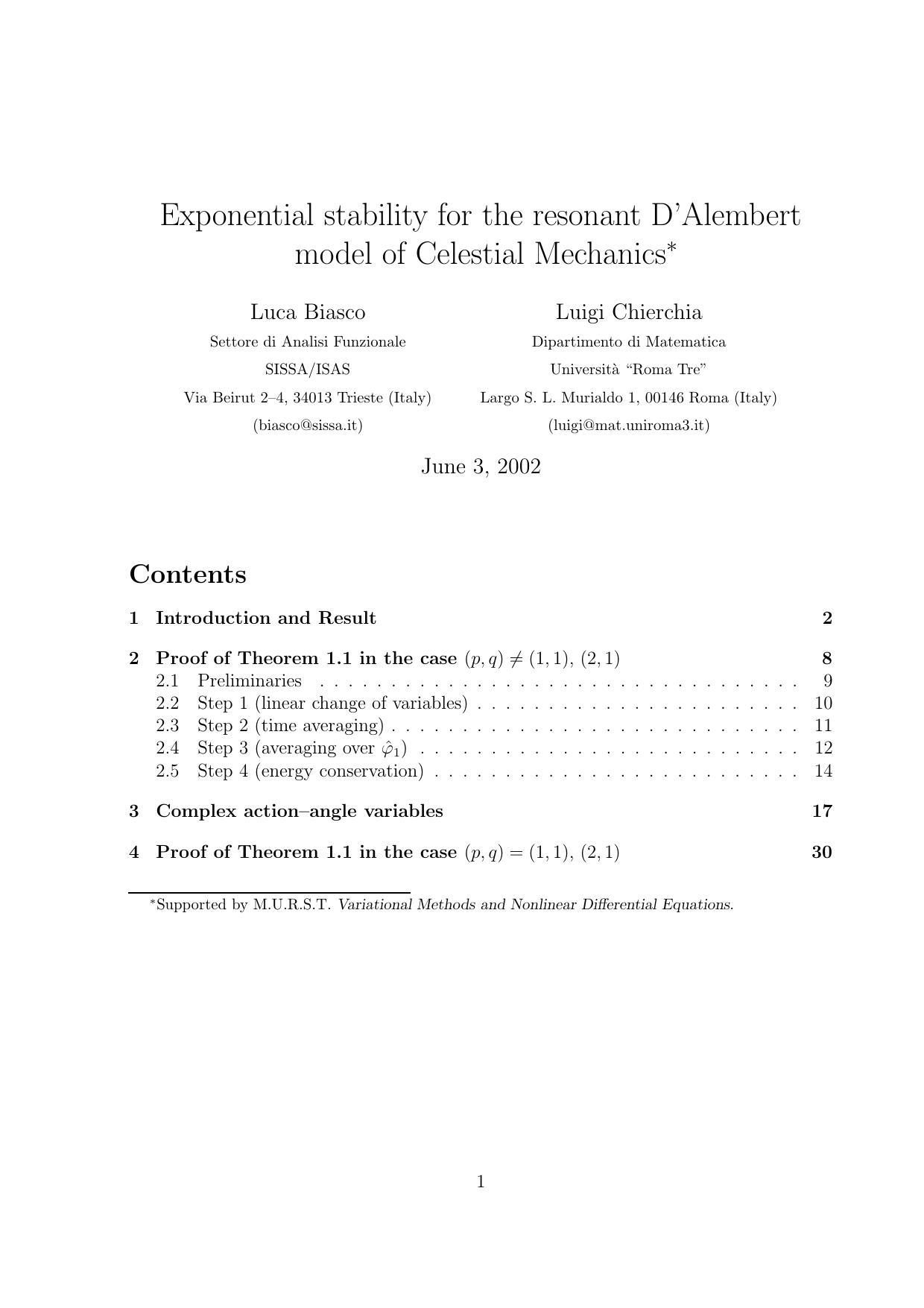 Exponential stability for resonant D'Alembert model of celestial mechanics by Biasco L. Chierchia L
