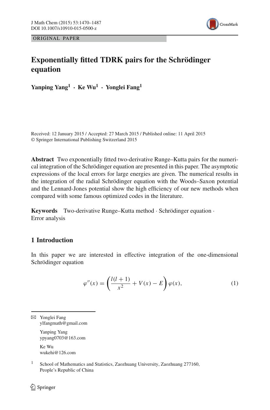 Exponentially fitted TDRK pairs for the SchrÃ¶dinger equation by Yanping Yang & Ke Wu & Yonglei Fang