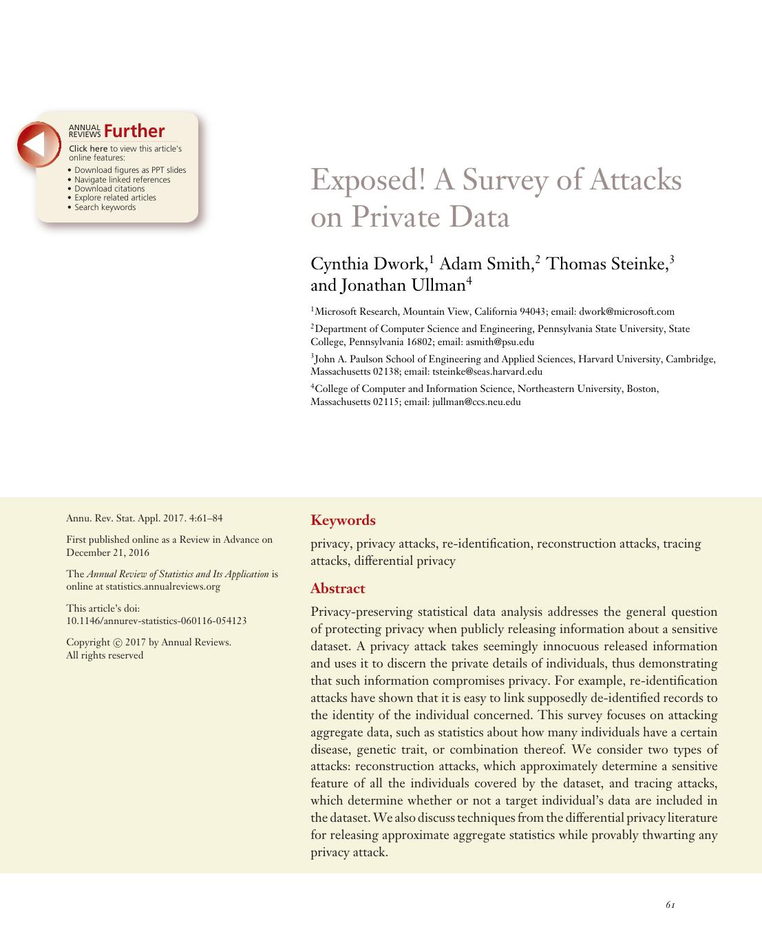 Exposed! A Survey of Attacks on Private Data by Cynthia Dwork Adam Smith Thomas Steinke Jonathan Ullman