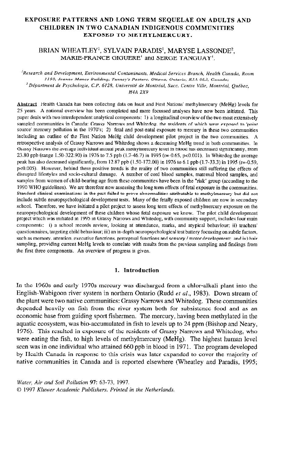 Exposure Patterns and Long Term Sequelae on Adults and Children in Two Canadian Indigenous Communities Exposed to Methylmercury by Unknown