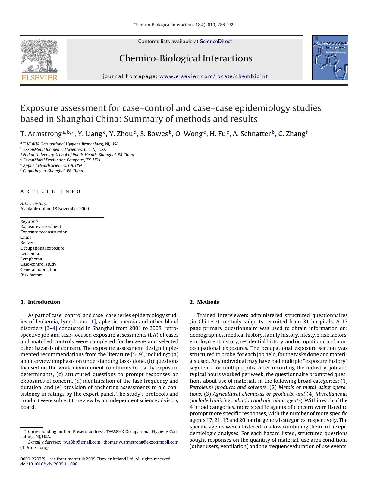 Exposure assessment for caseÃ¢â¬âcontrol and caseÃ¢â¬âcase epidemiology studies based in Shanghai China: Summary of methods and results by T. Armstrong; Y. Liang; Y. Zhou; S. Bowes; O. Wong; H. Fu; A. Schnatter; C. Zhang