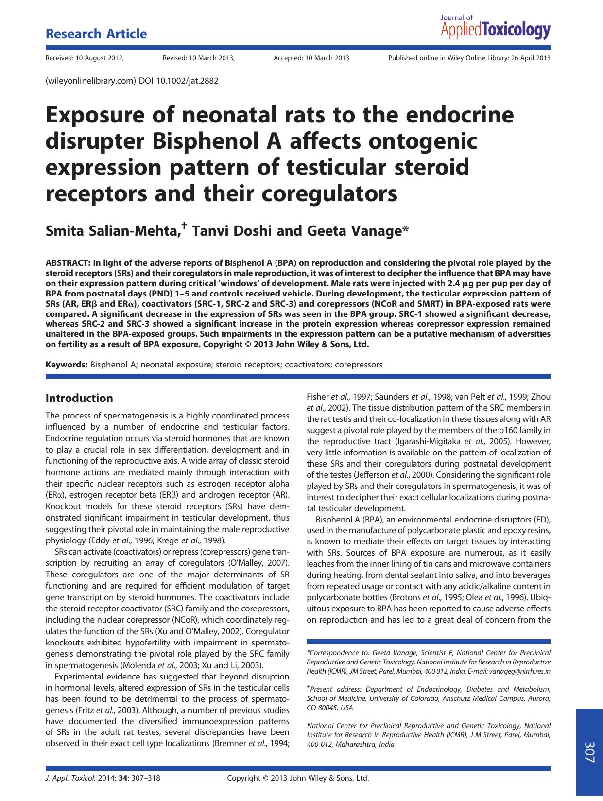 Exposure of neonatal rats to the endocrine disrupter Bisphenol A affects ontogenic expression pattern of testicular steroid receptors and their coregulators by Unknown