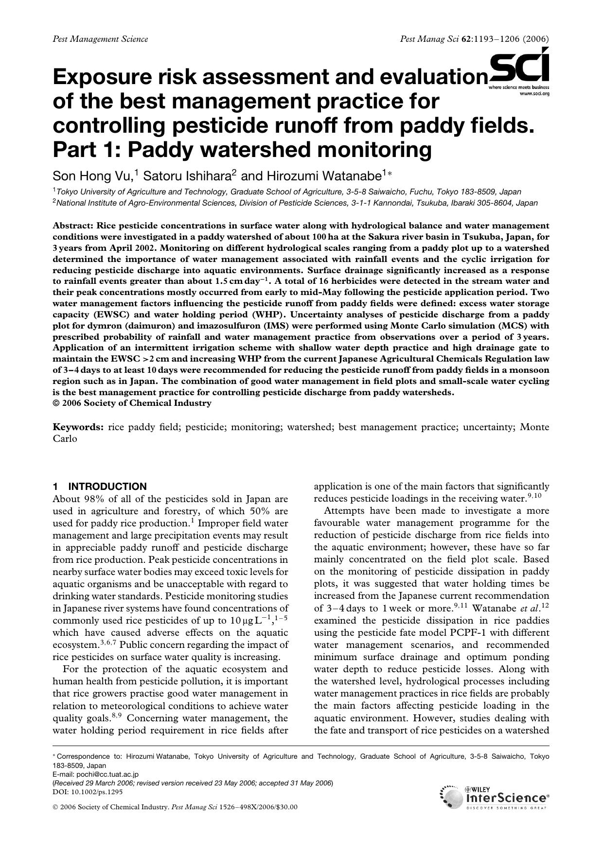 Exposure risk assessment and evaluation of the best management practice for controlling pesticide runoff from paddy fields. Part 1: Paddy watershed monitoring by Unknown
