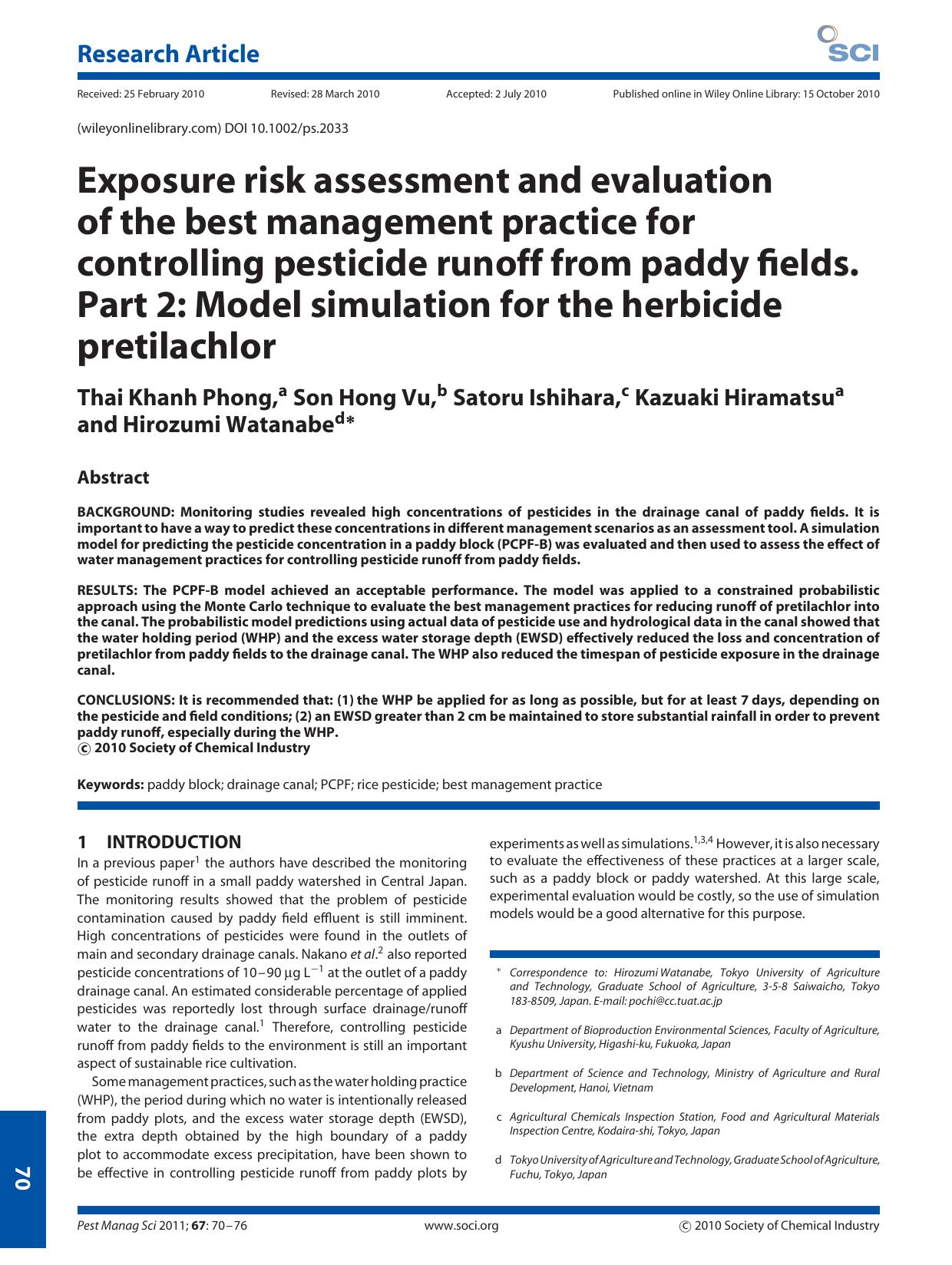 Exposure risk assessment and evaluation of the best management practice for controlling pesticide runoff from paddy fields. Part 2: Model simulation for the herbicide pretilachlor by Unknown