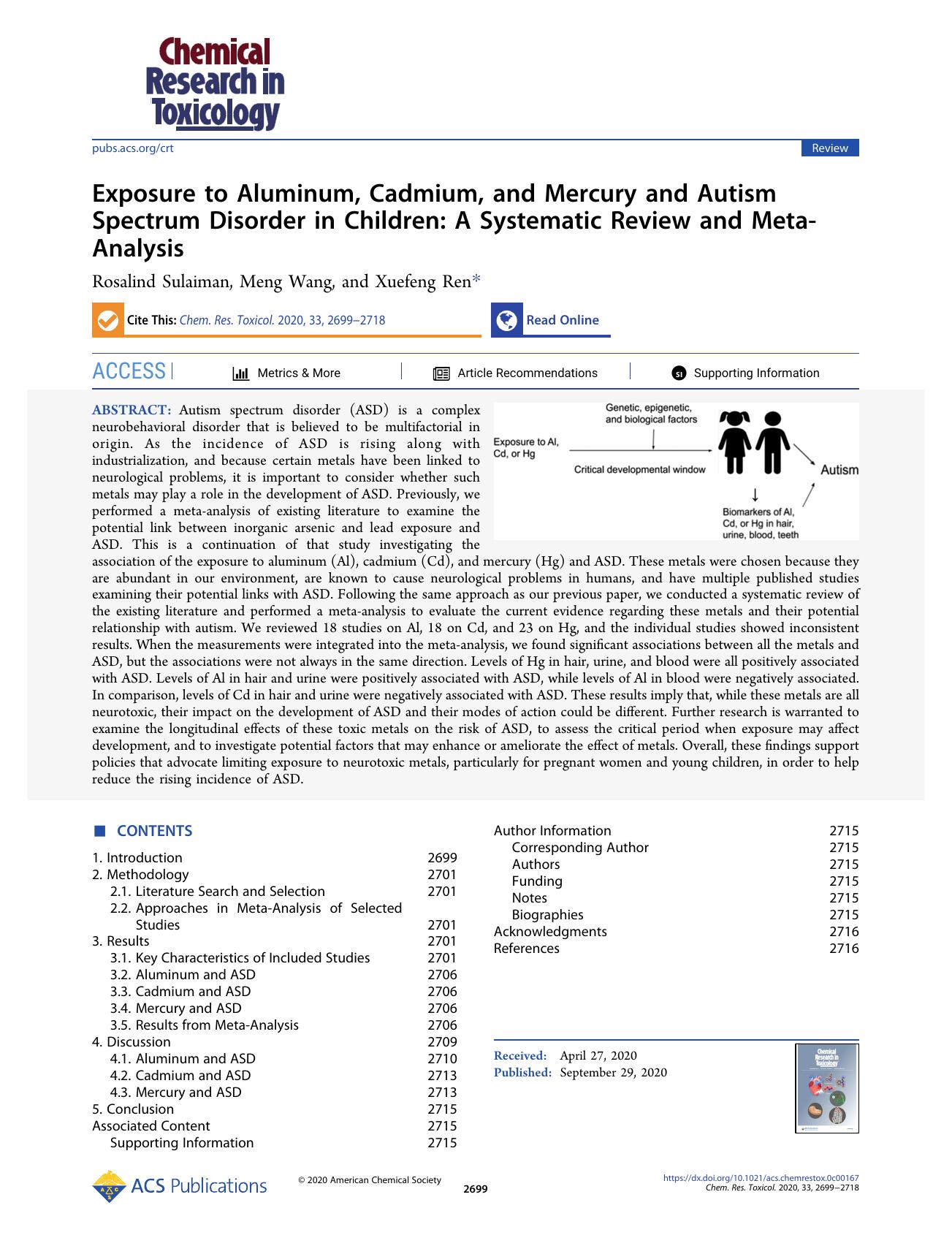 Exposure to Aluminum, Cadmium, and Mercury and Autism Spectrum Disorder in Children: A Systematic Review and Meta-Analysis by Rosalind Sulaiman Meng Wang and Xuefeng Ren