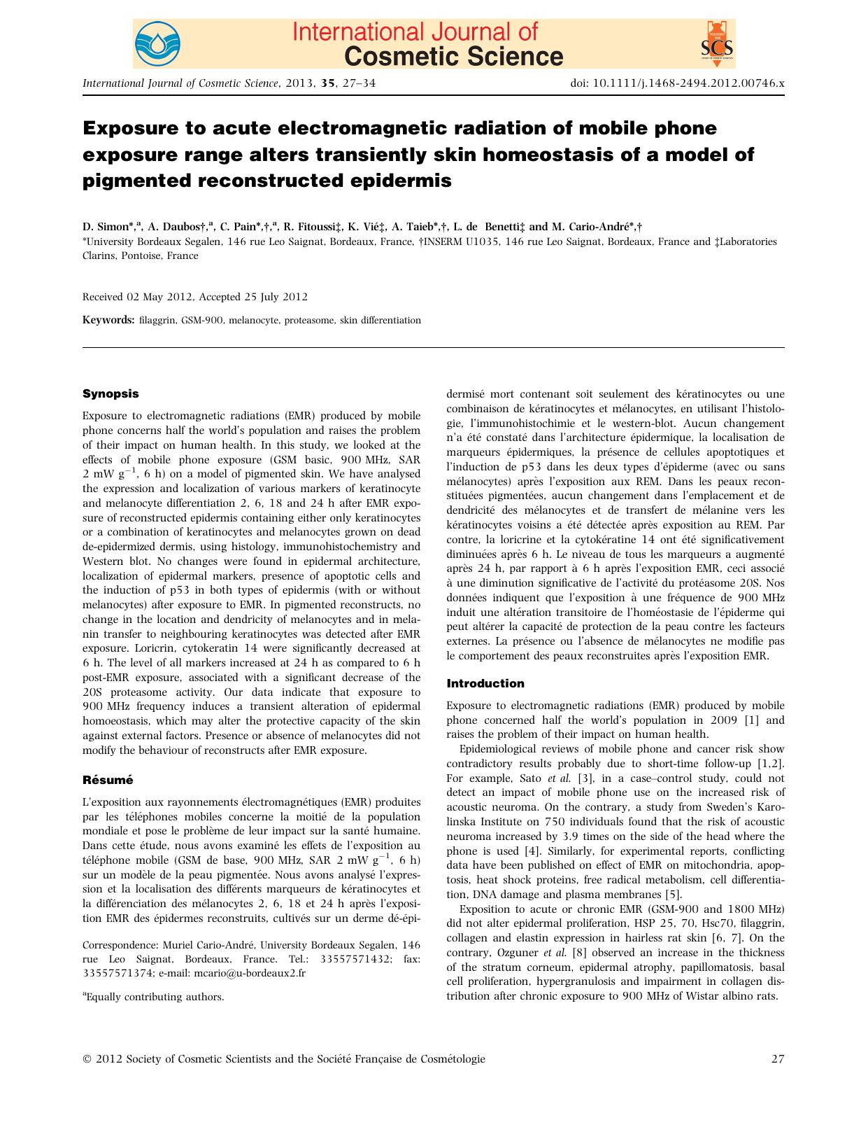 Exposure to acute electromagnetic radiation of mobile phone exposure range alters transiently skin homeostasis of a model of pigmented reconstructed epidermis by Unknown