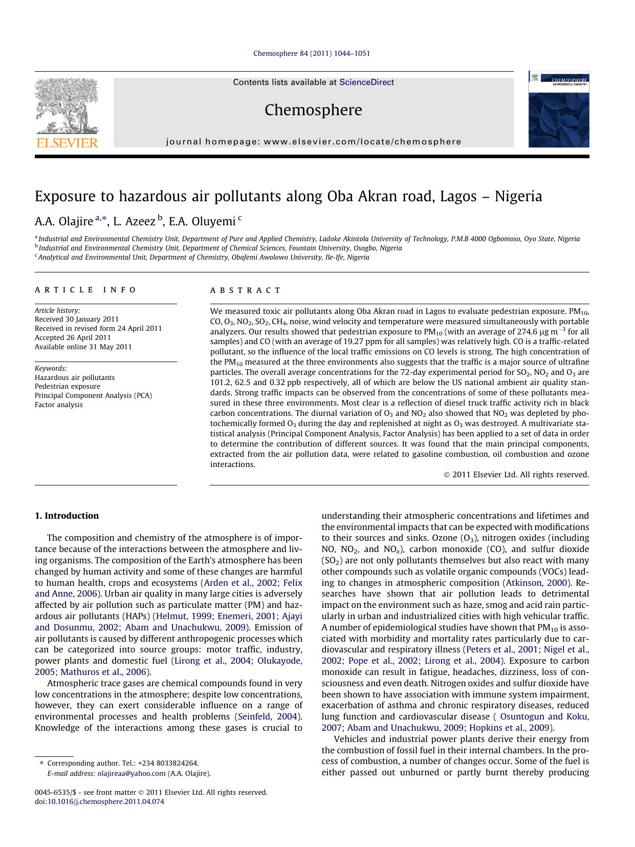 Exposure to hazardous air pollutants along Oba Akran road, Lagos Ã¢â¬â Nigeria by A.A. Olajire & L. Azeez & E.A. Oluyemi