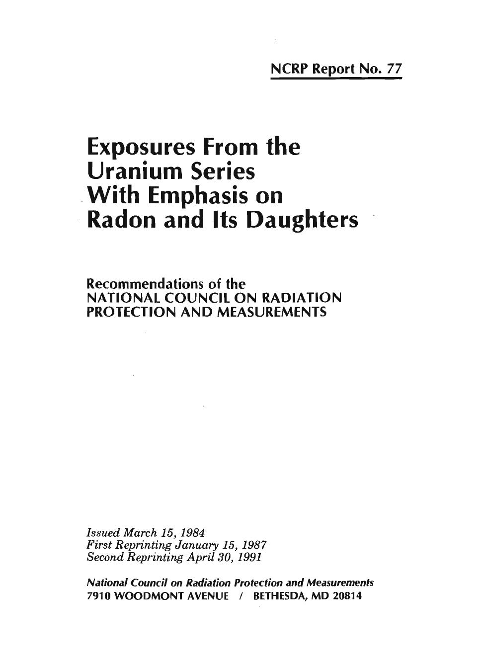 Exposures from the Uranium Series With Emphasis on Radon and Its Daughters by National Council on Radiation Protection & Measurement