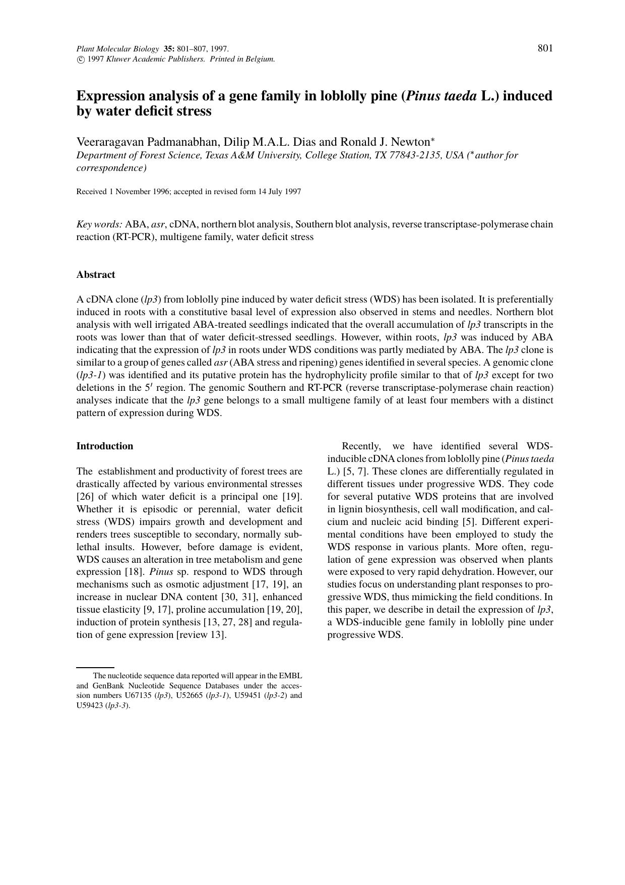 Expression analysis of a gene family in loblolly pine (Pinus taeda L.) induced by water deficit stress by Unknown