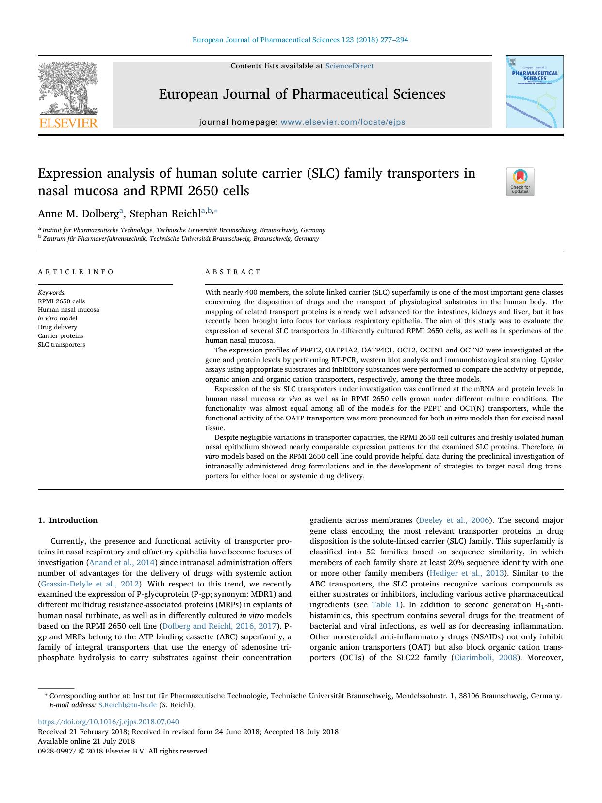 Expression analysis of human solute carrier (SLC) family transporters in nasal mucosa and RPMI 2650 cells by Anne M. Dolberg & Stephan Reichl