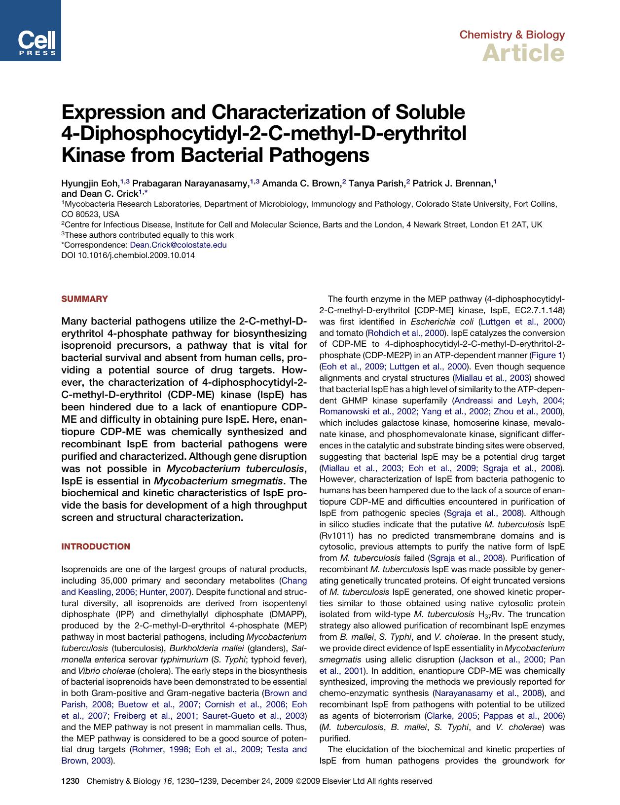 Expression and Characterization of Soluble 4-Diphosphocytidyl-2-C-methyl-D-erythritol Kinase from Bacterial Pathogens by unknow