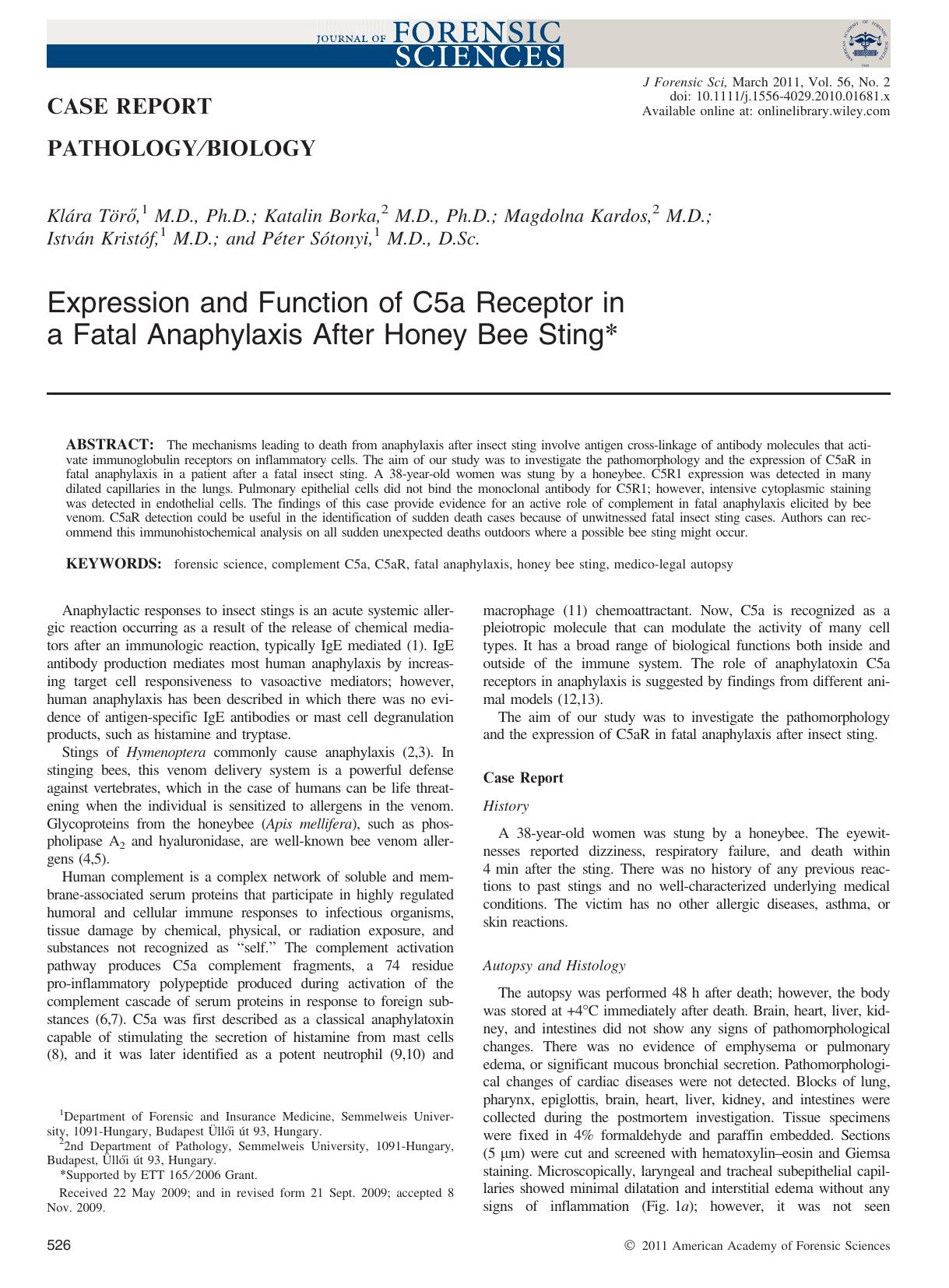 Expression and Function of C5a Receptor in a Fatal Anaphylaxis After Honey Bee Sting by Unknown