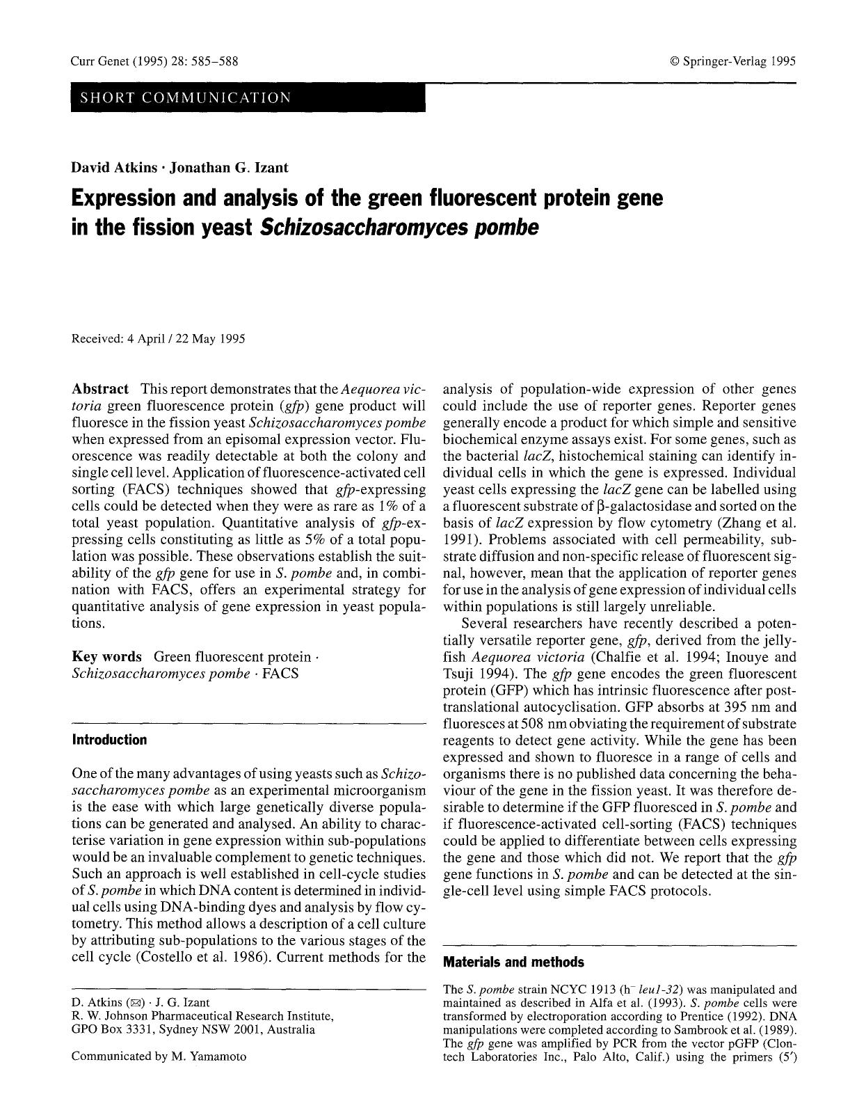 Expression and analysis of the green fluorescent protein gene in the fission yeast <Emphasis Type="Italic">Schizosaccharomyces pombe<Emphasis> by Unknown