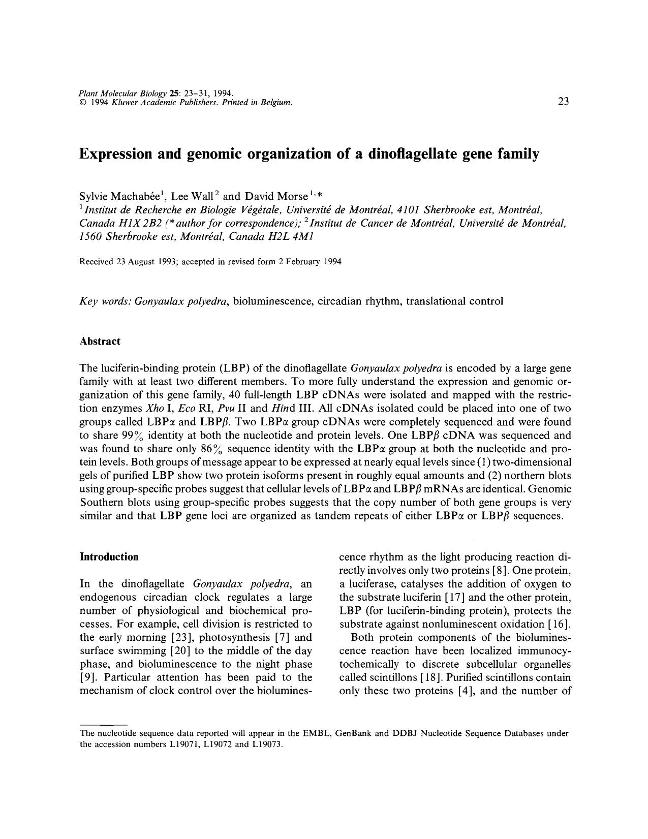 Expression and genomic organization of a dinoflagellate gene family by Unknown