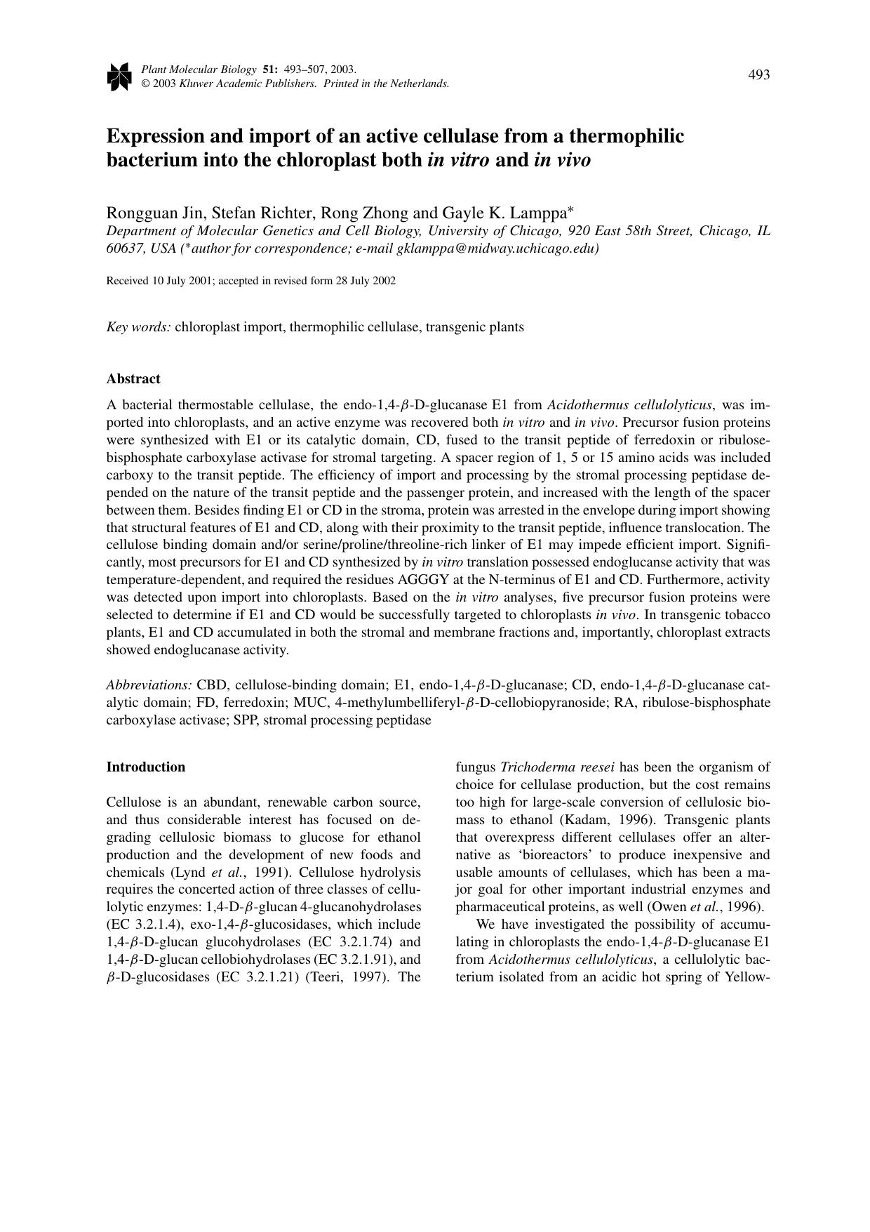 Expression and import of an active cellulase from a thermophilic bacterium into the chloroplast both <Emphasis Type="Italic">in vitro<Emphasis> and <Emphasis Type="Italic">in vivo<Emphasis> by Unknown