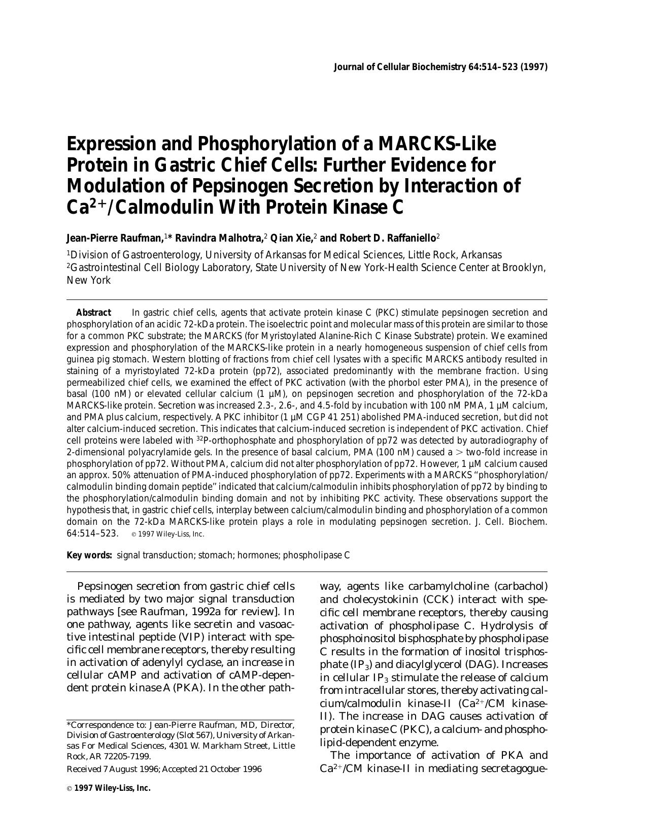 Expression and phosphorylation of a MARCKS-like protein in gastric chief cells: Further evidence for modulation of pepsinogen secretion by interaction of Ca2+calmodulin with protein kinase C by Unknown
