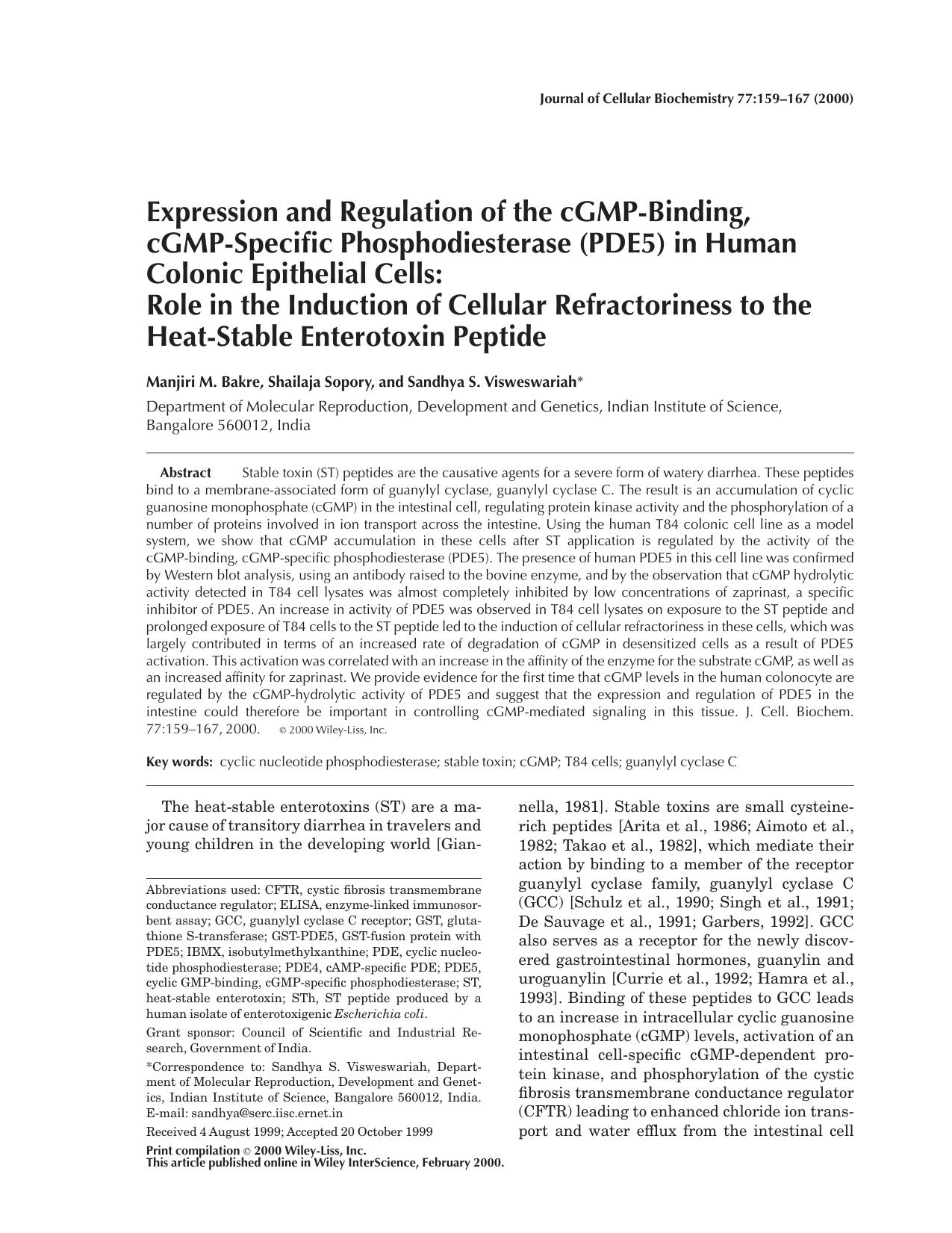 Expression and regulation of the cGMP-binding, cGMP-specific phosphodiesterase (PDE5) in human colonic epithelial cells: Role in the induction of cellular refractoriness to the hea by Unknown