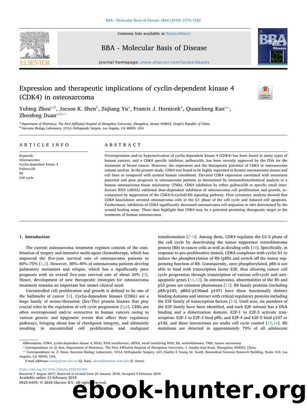 Expression and therapeutic implications of cyclin-dependent kinase 4 (CDK4) in osteosarcoma by Yubing Zhou & Jacson K. Shen & Zujiang Yu & Francis J. Hornicek & Quancheng Kan & Zhenfeng Duan