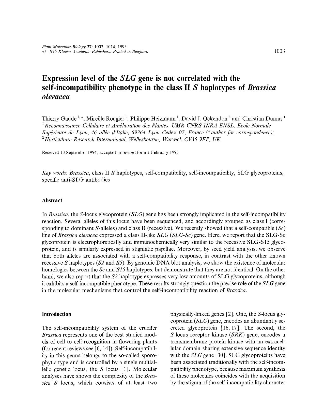 Expression level of the <Emphasis Type="Italic">SLG <Emphasis> gene is not correlated with the self-incompatibility phenotype in the class II <Emphasis Type="Italic">S <Emphasis> by Unknown