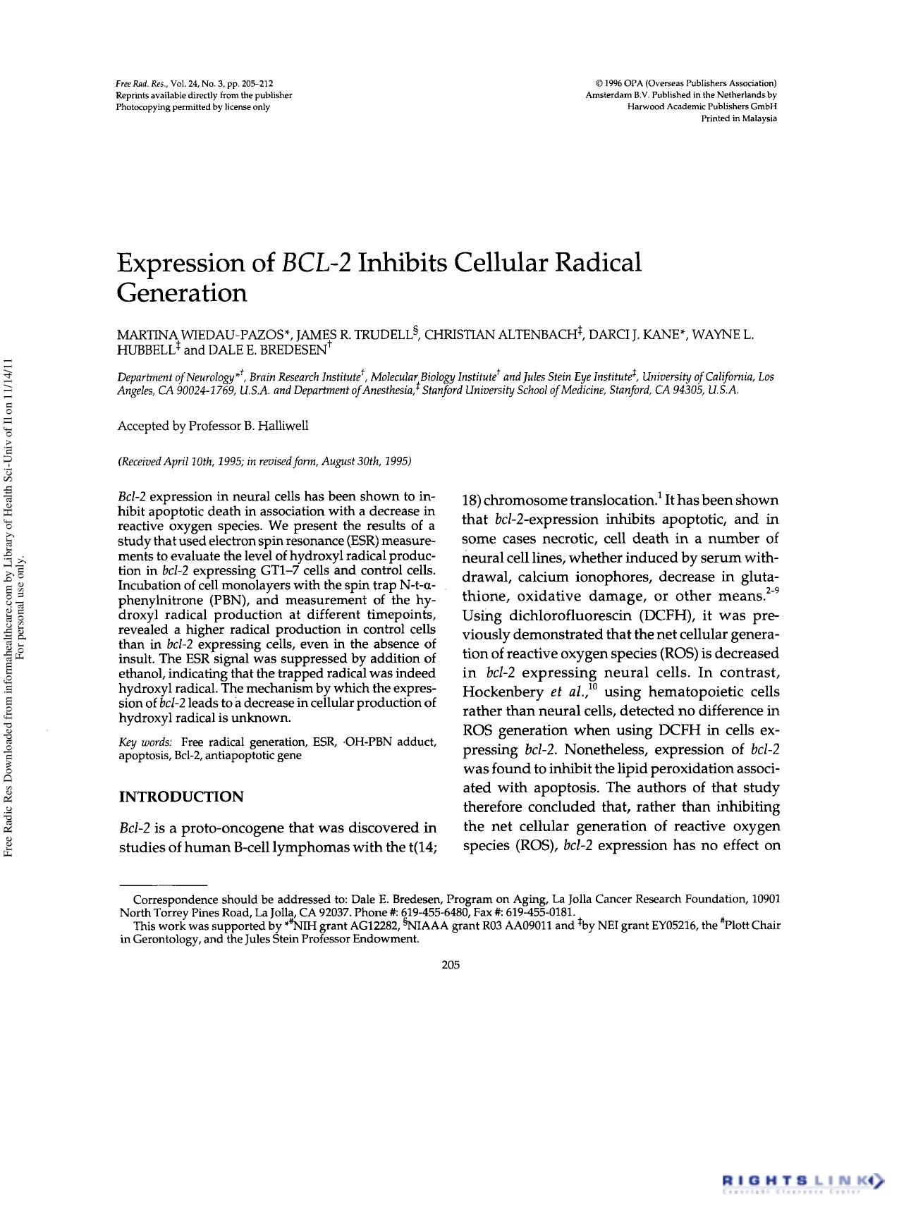 Expression of BCL-2 Inhibits Cellular Radical Generation by unknow