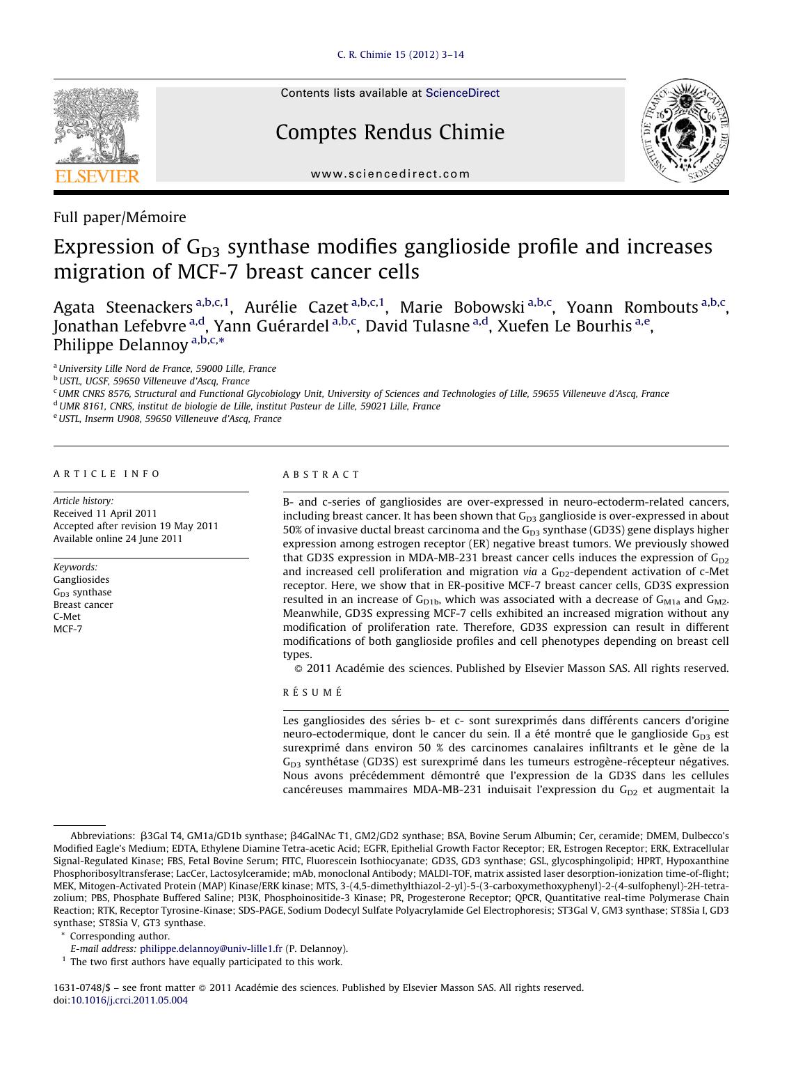 Expression of GD3 synthase modifies ganglioside profile and increases migration of MCF-7 breast cancer cells by Agata Steenackers