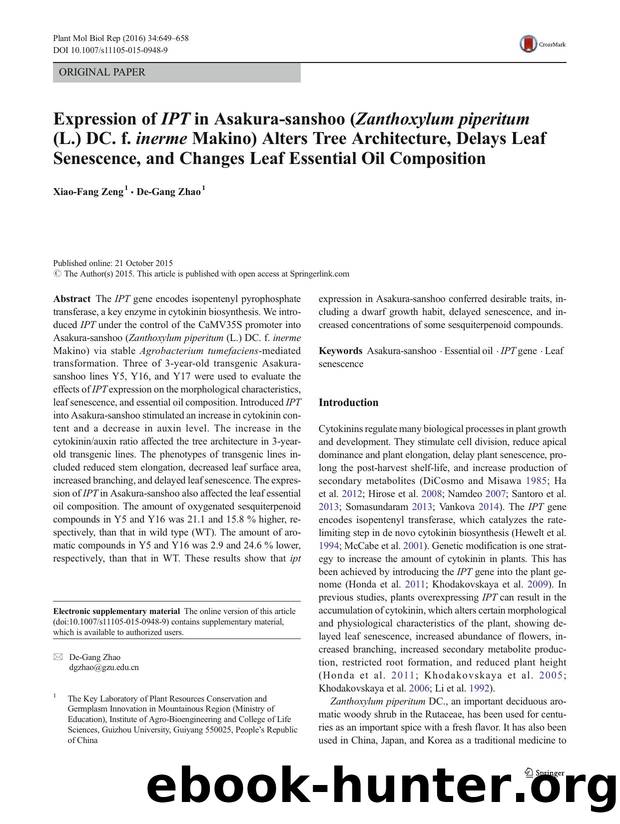 Expression of IPT in Asakura-sanshoo (Zanthoxylum piperitum (L.) DC. f. inerme Makino) Alters Tree Architecture, Delays Leaf Senescence, and Changes Leaf Essential Oil Composition by Xiao-Fang Zeng & De-Gang Zhao